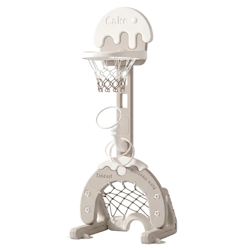 Adjustable indoor plastic basketball hoops and multi-sport activity centers for toddlers.