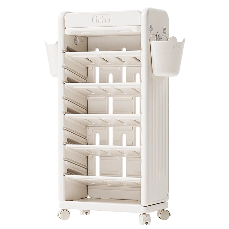 Multi-layered mobile storage utility carts and rolling organizer shelves for classroom and home.