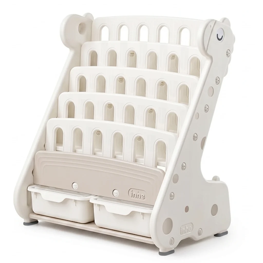 Wholesale minimalist preschool toy storage shelves and children display book racks.