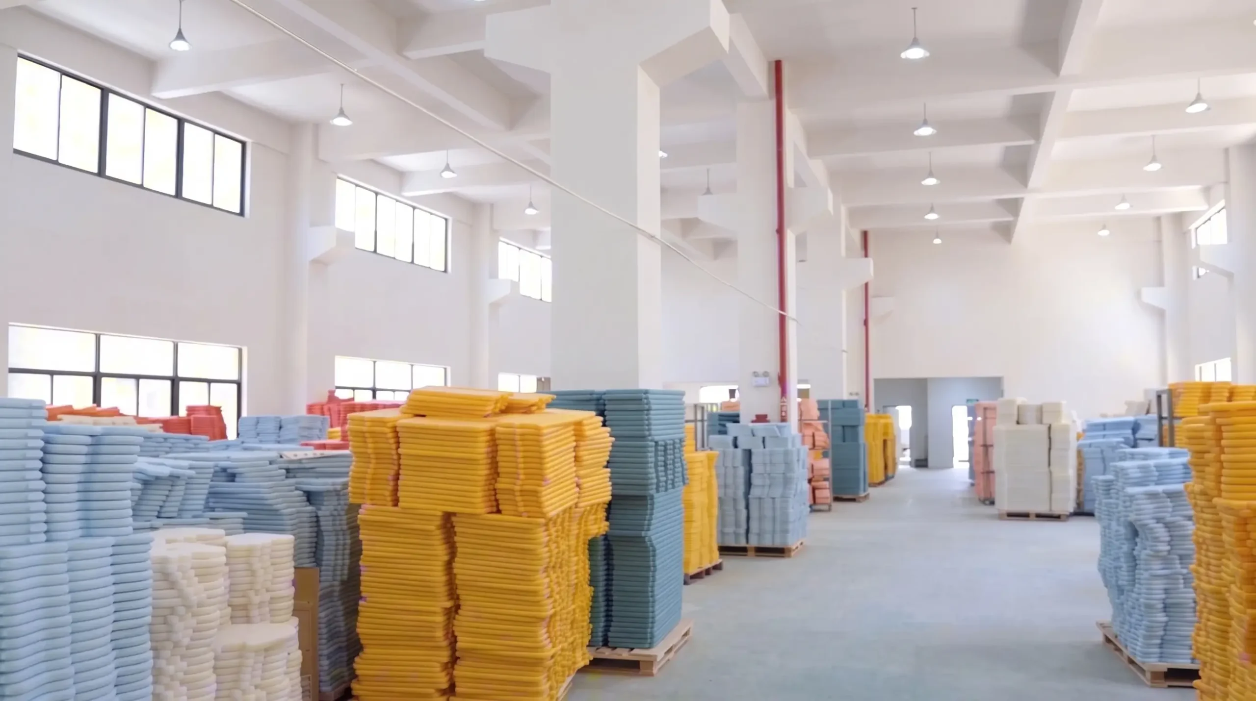 Large-scale modern semi-finished product warehouse storage facility at Inhe Kids factory to ensure rapid bulk order supply.