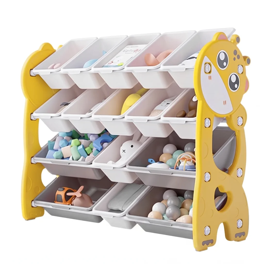 Multi-bin plastic toy storage racks and nursery organizer shelves for bulk order.