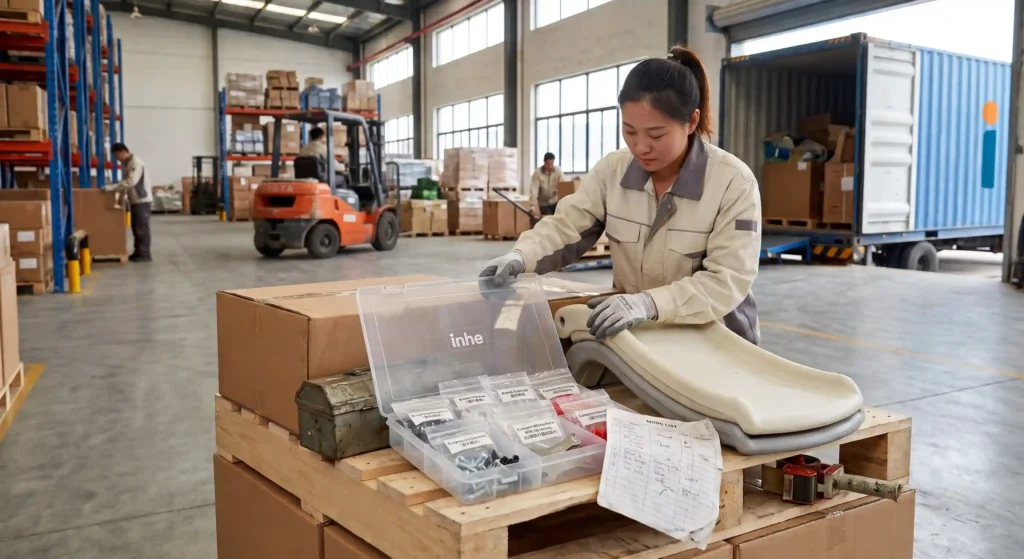 Inhe warehouse staff preparing a complimentary spare parts kit for children's furniture to ensure seamless after-sales support for global distributors.