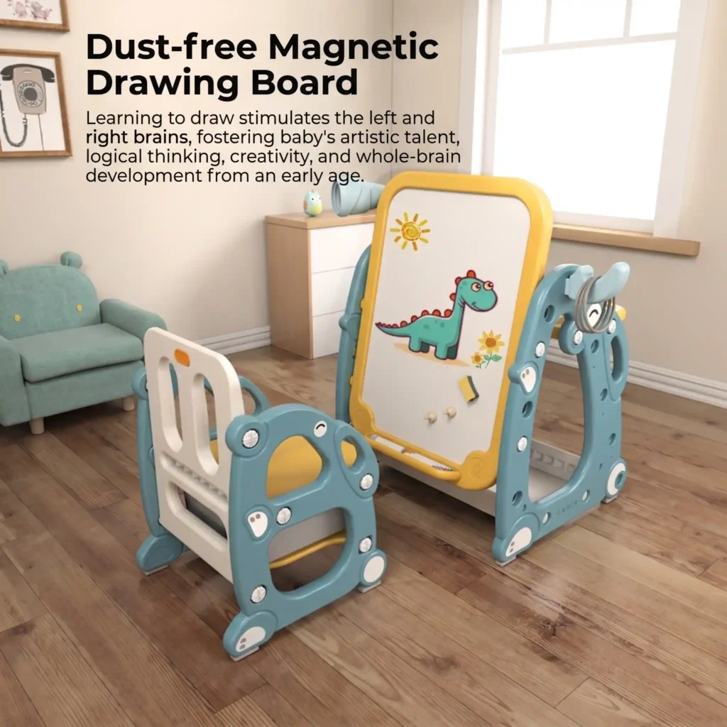 Minimalist aesthetic lifestyle view of toddler drawing board easel in a high-end playroom.