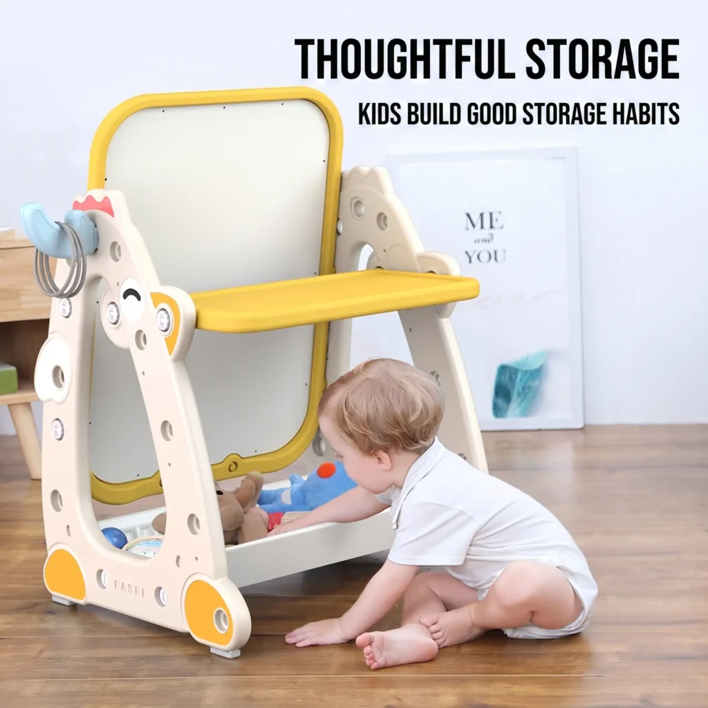 Toddler drawing board with large storage tray for art supplies and preschool toys.