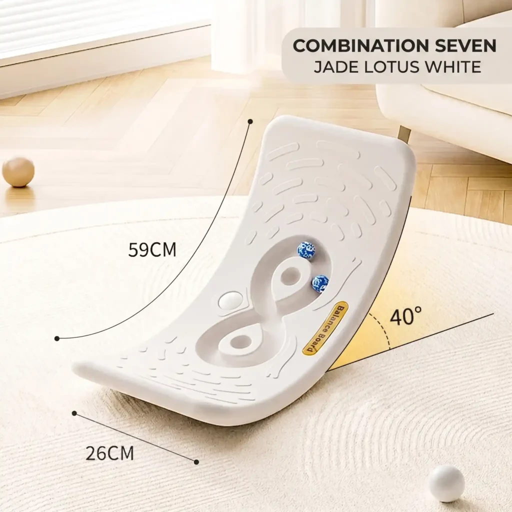 Jade lotus white pediatric therapy rocking board designed to support physical rehabilitation and gross motor skills.