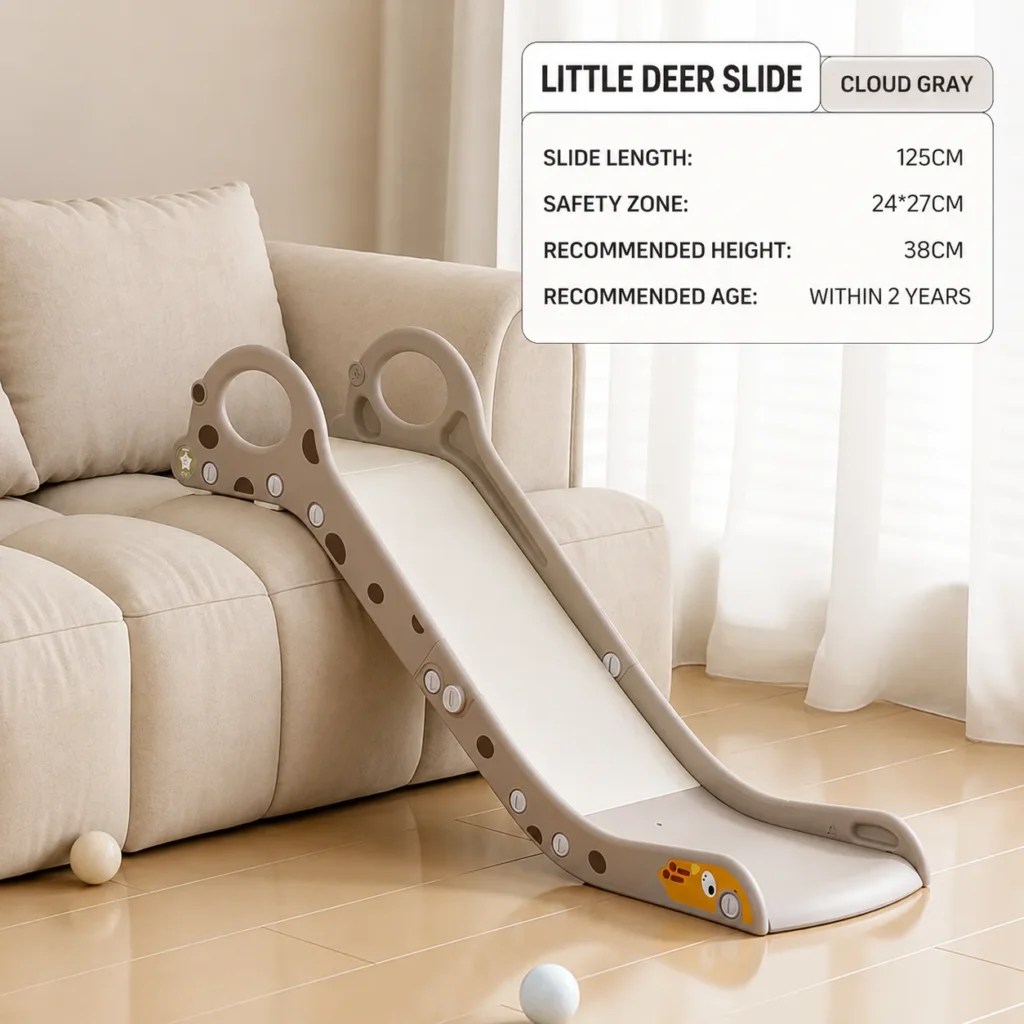 Bulk order gray deer toddler slide with 125cm slide length, premium kids playground furniture for global sourcing and retail chains.