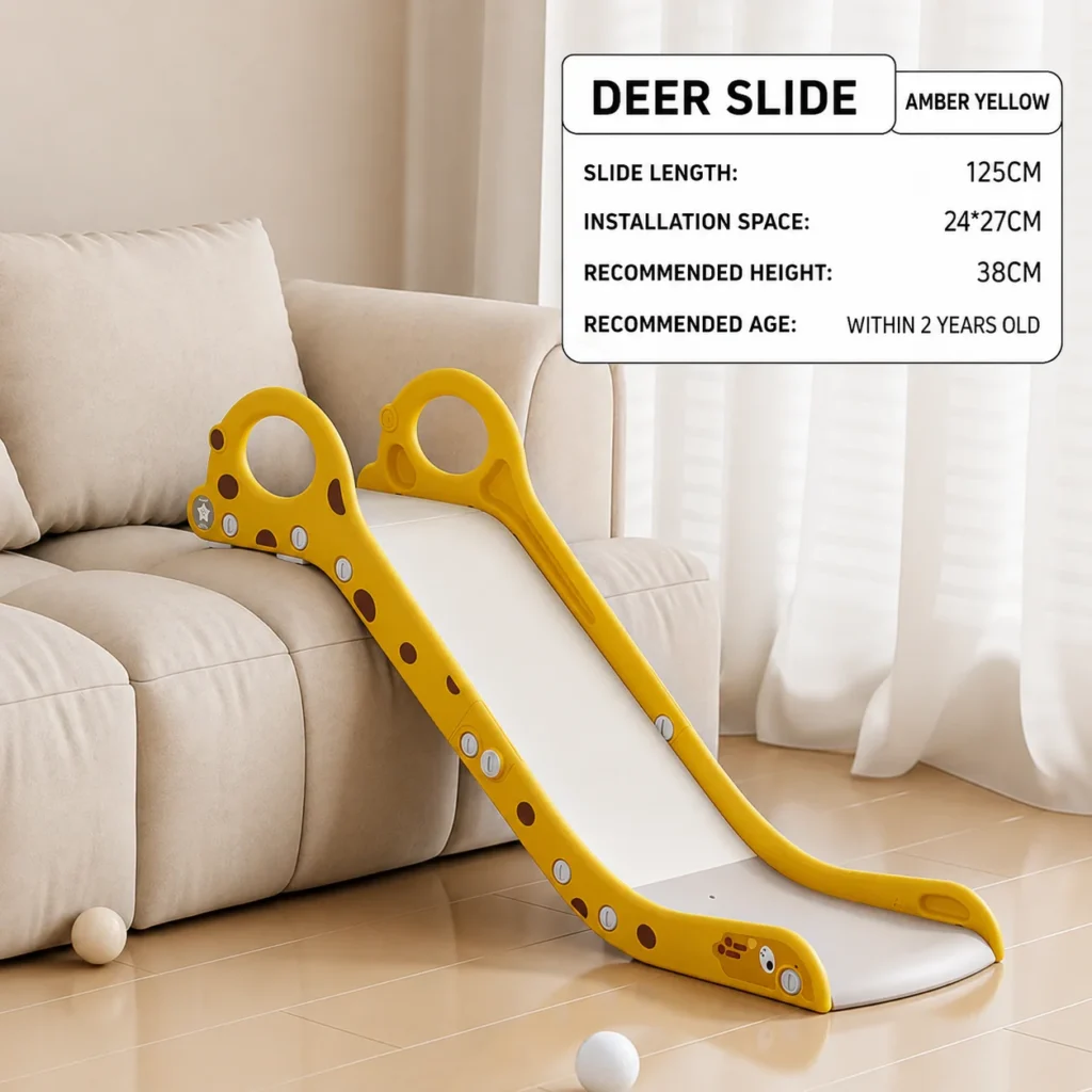 Wholesale amber yellow deer-themed indoor play slide, factory-direct OEM/ODM supplier for Amazon and Lazada sellers.