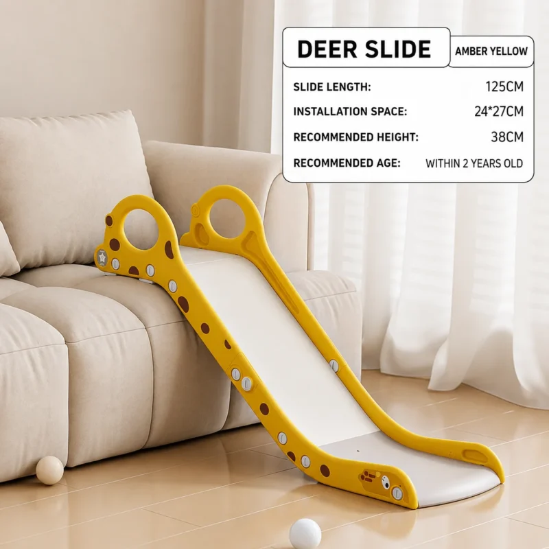 Wholesale amber yellow deer-themed indoor play slide, factory-direct OEM/ODM supplier for Amazon and Lazada sellers.