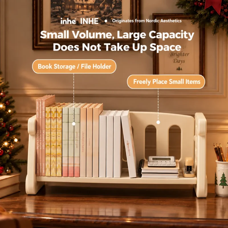 White kids desktop bookshelf holding books and small desk items.