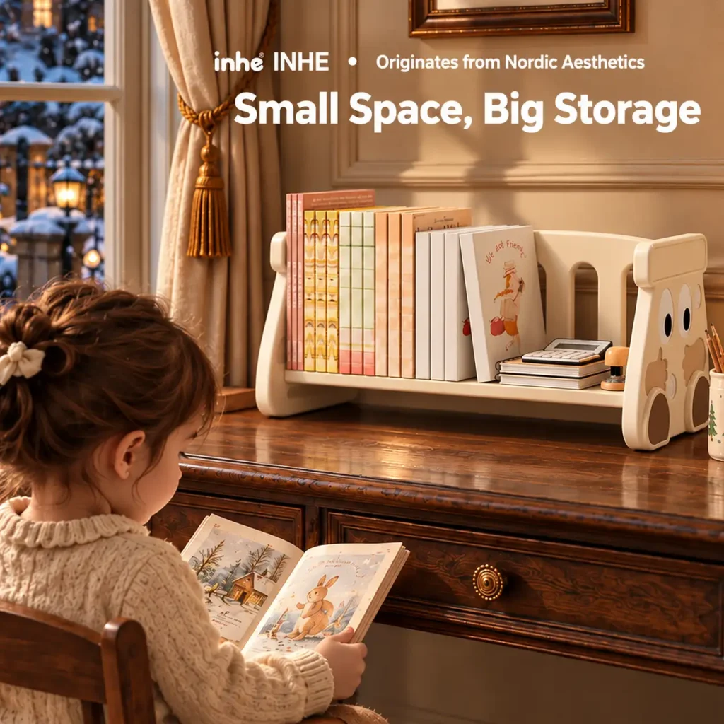 A child reading beside a compact kids desktop bookshelf holding picture books and small items.