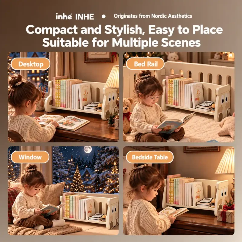 Lifestyle collage showing the kids desktop bookshelf on a desk, bed rail, by a window and beside a bed.