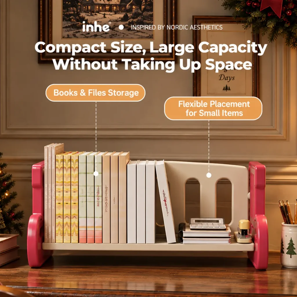 Compact red kids desktop bookshelf providing open storage for books, files and small items.