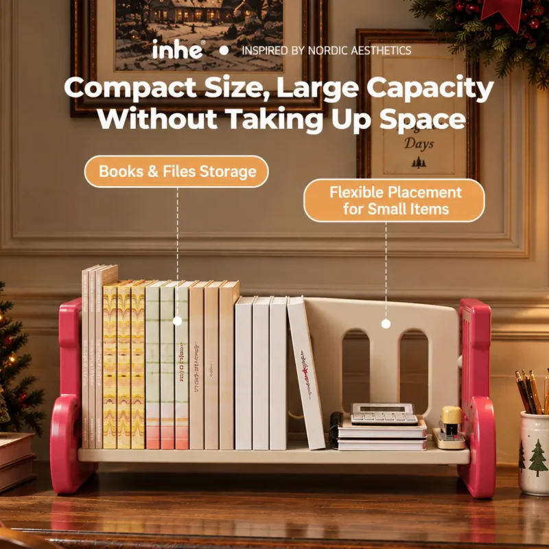 Compact red kids desktop bookshelf providing open storage for books, files and small items.