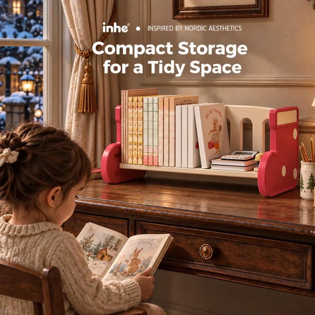 Red kids desktop bookshelf holding picture books and small items while a child reads at the desk.