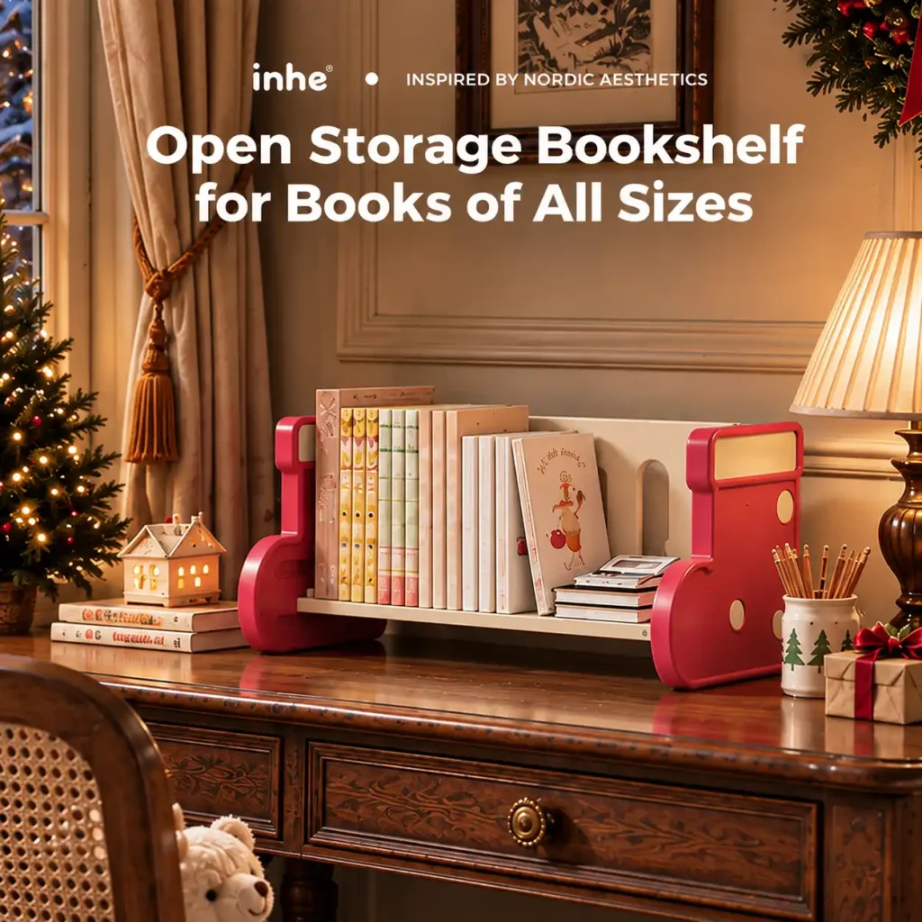 Red open storage kids desktop bookshelf holding books of different sizes.
