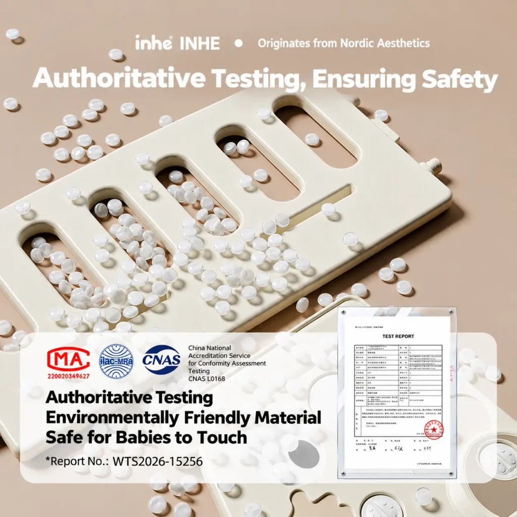 Promotional graphic showing a white bookshelf panel, plastic pellets and a product test report.