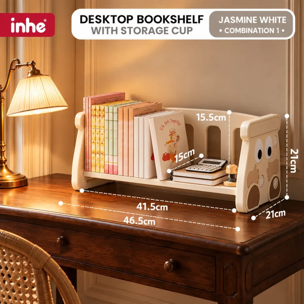 Jasmine white kids desktop bookshelf with a storage cup, shown with product dimensions.