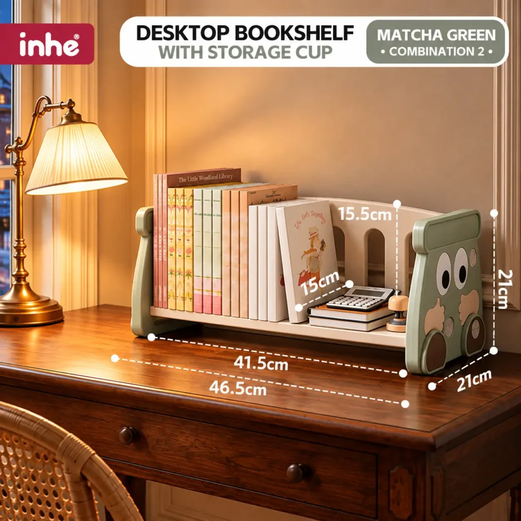 Matcha green kids desktop bookshelf with a storage cup, shown with product dimensions.