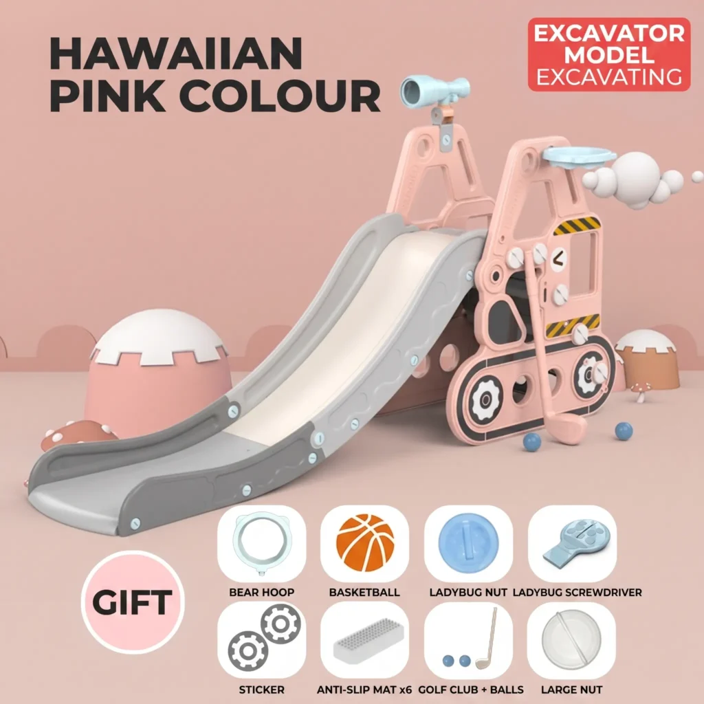 Customizable pink excavator indoor play slide with basketball set, heavy-duty commercial equipment for preschools.