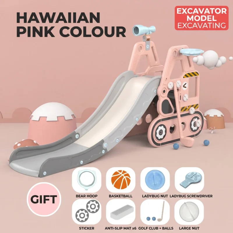 Customizable pink excavator indoor play slide with basketball set, heavy-duty commercial equipment for preschools.