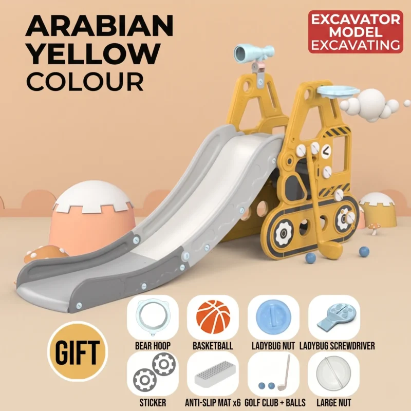 Wholesale commercial yellow excavator-themed indoor play slide, factory-direct construction toy for kindergartens.