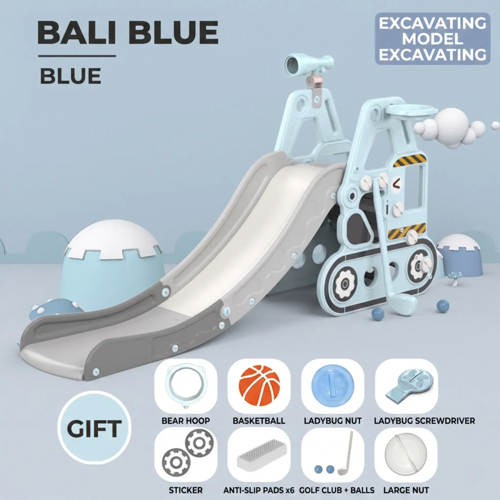 Professional blue excavator indoor slide for daycare centers, institutional-grade construction play equipment.