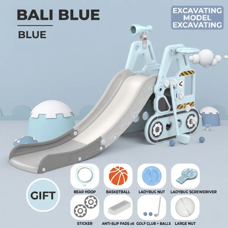 Professional blue excavator indoor slide for daycare centers, institutional-grade construction play equipment.