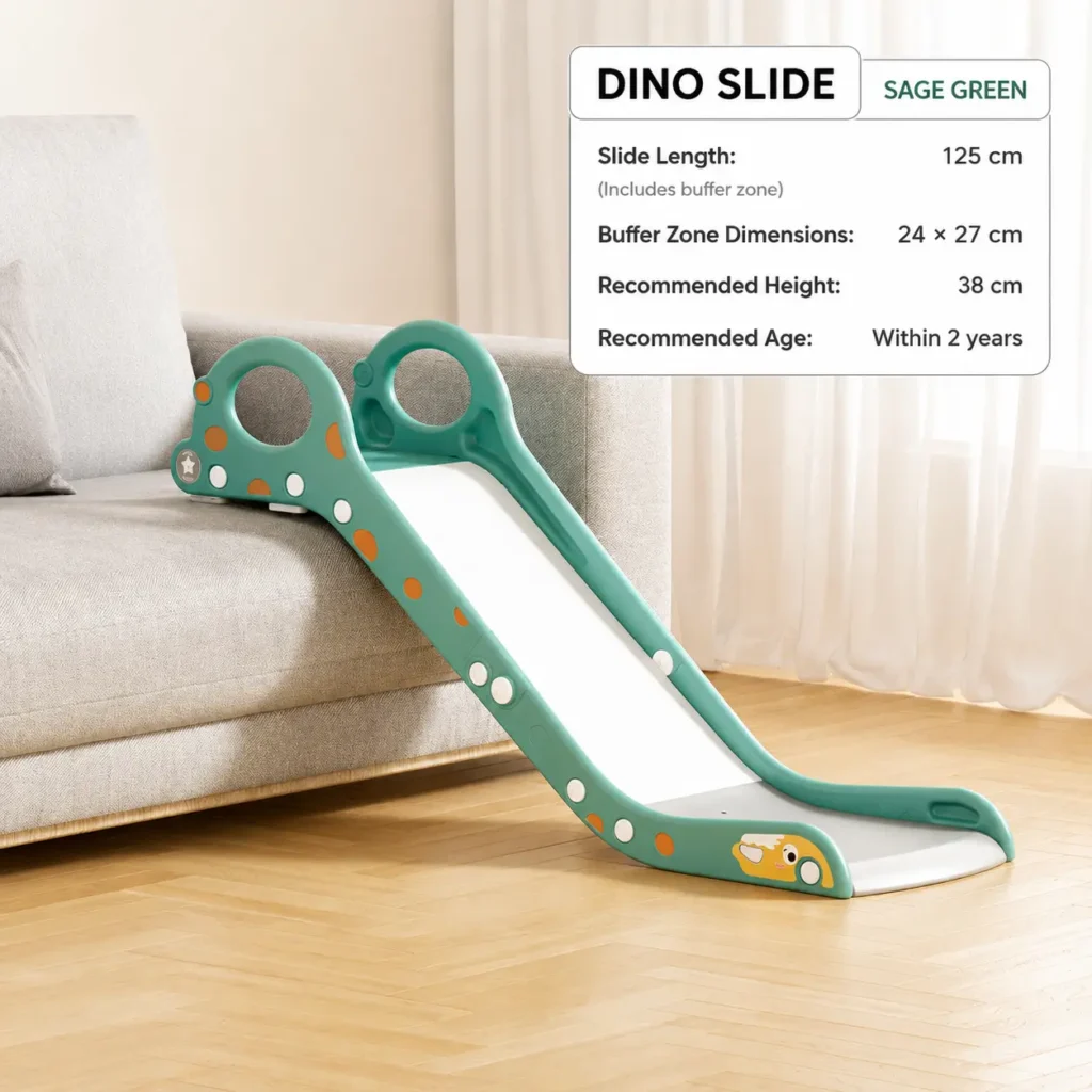 Wholesale green dino dragon-themed indoor play slide, institutional-grade toddler slide supplier for international wholesale buyers.