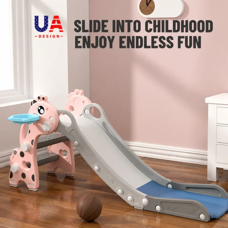 Space-saving foldable princess deer slide for flexible storage in commercial kindergarten and daycare facilities.