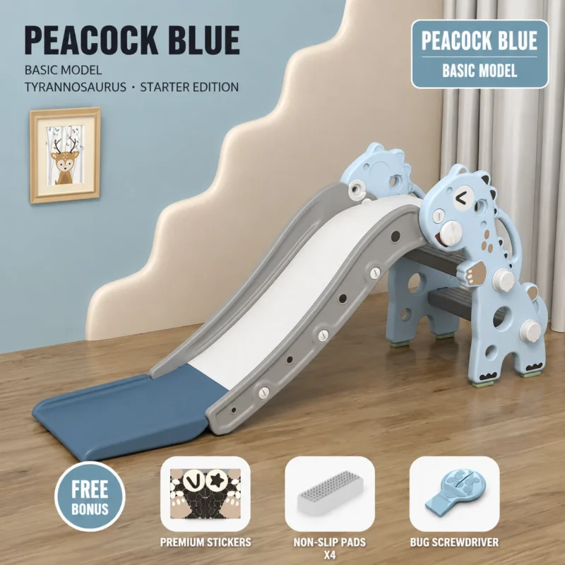 Bulk order blue dinosaur toddler slide with accessory gifts, retail-ready premium playground equipment for global supermarkets.