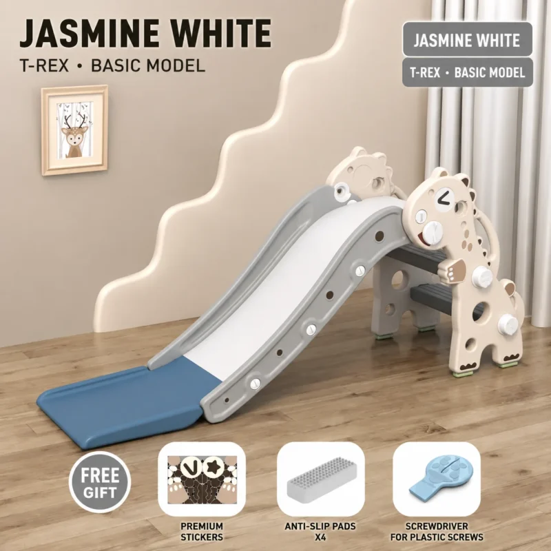 Wholesale white T-Rex dinosaur-themed indoor play slide, factory-direct OEM/ODM supplier for Amazon and Lazada sellers.