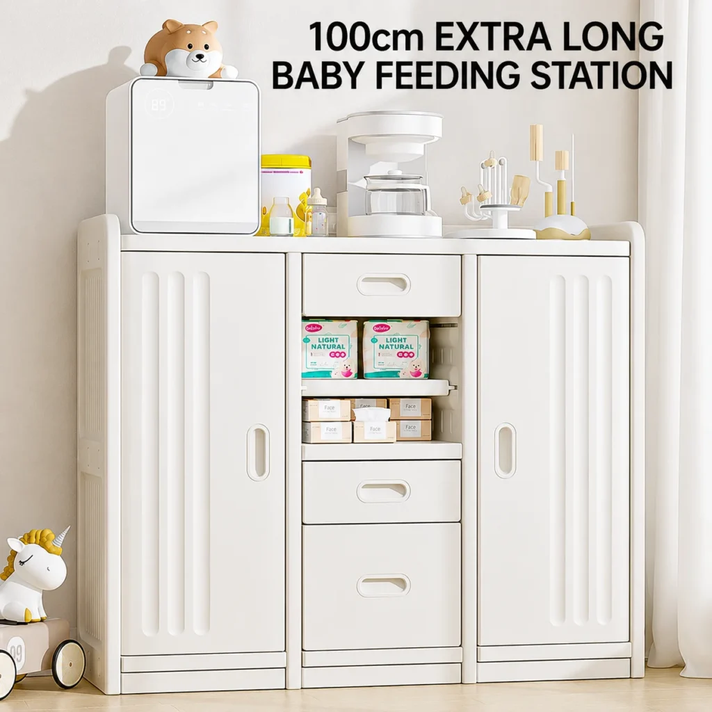 Nursery furniture supplier compliant with CPC Certificate requirements showcasing a 100cm extra long baby feeding station cabinet.