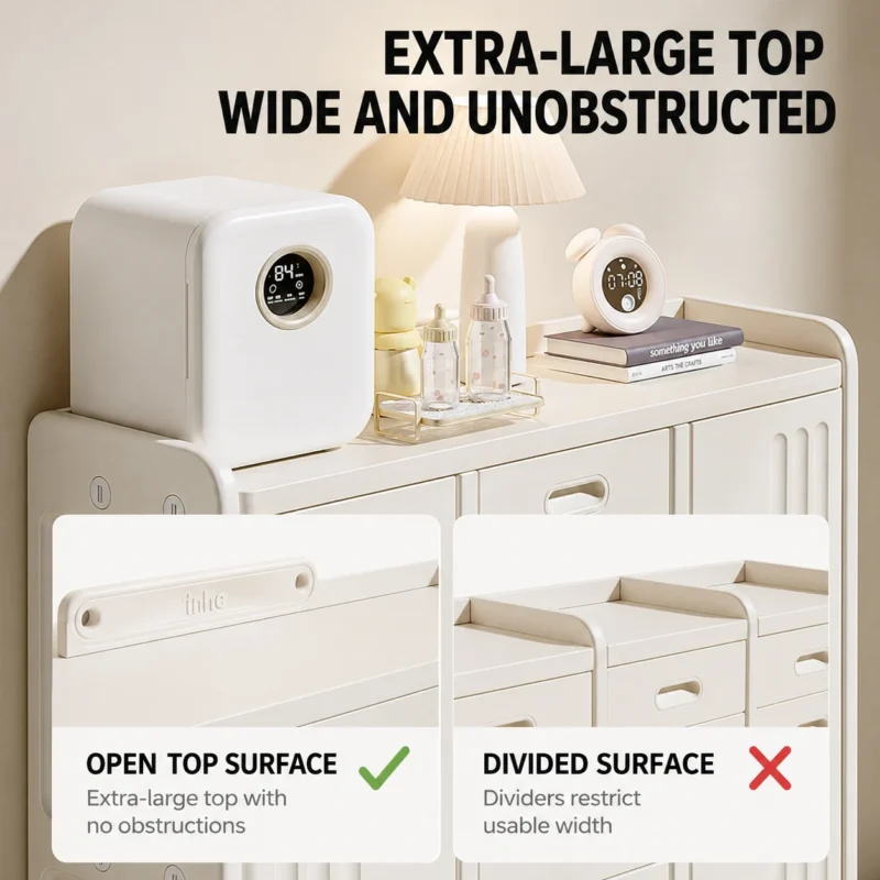 High capacity preschool storage shelves from China supplier featuring an extra-large wide open top surface with no obstructions.