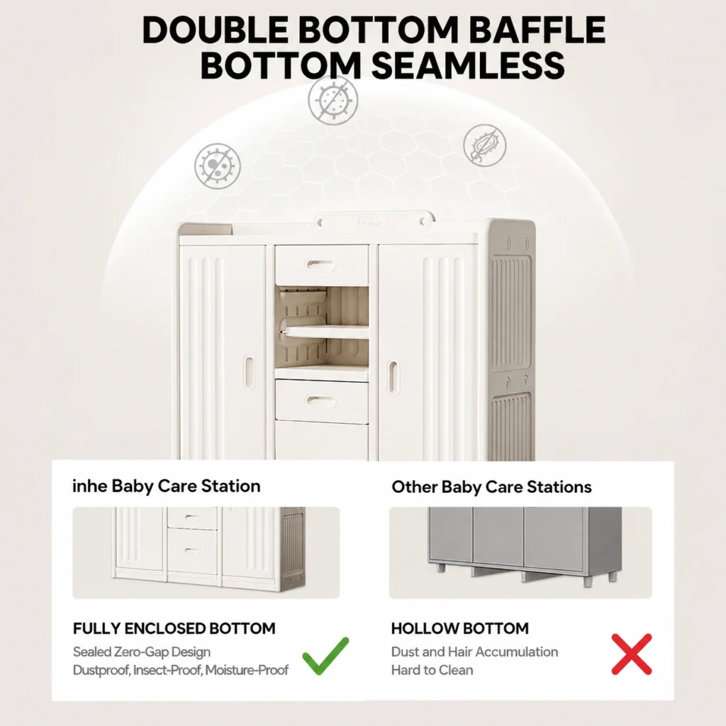 Smartly divided toddler toy storage cabinets from China factory showing a fully enclosed bottom baffle design for dust protection.
