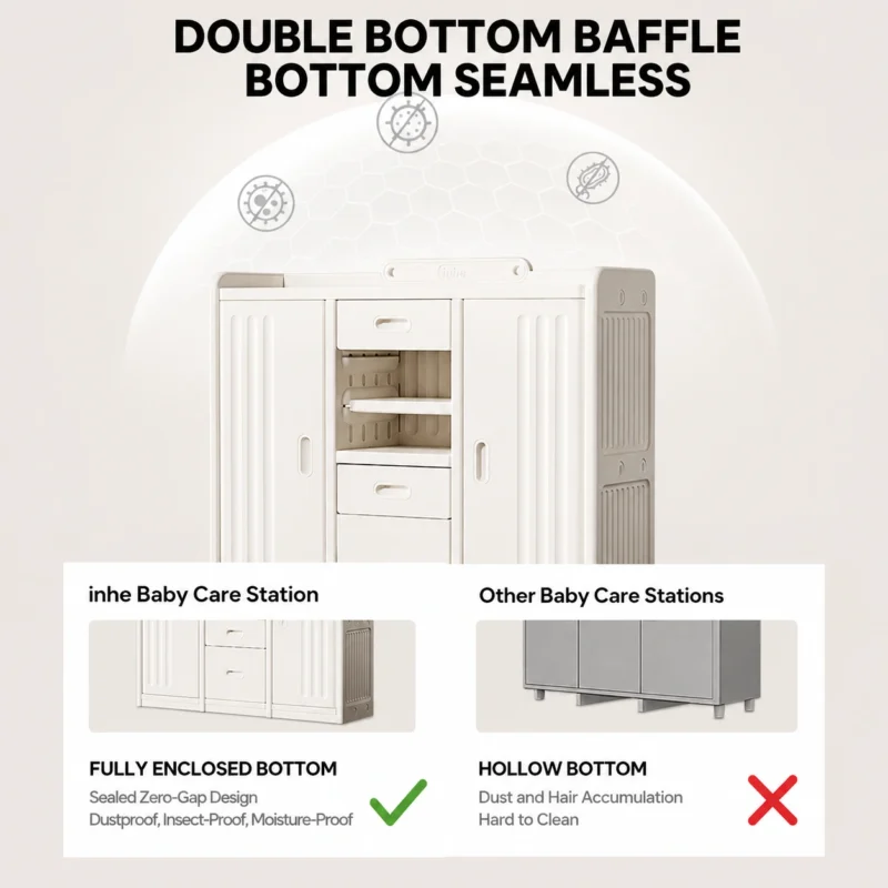 Smartly divided toddler toy storage cabinets from China factory showing a fully enclosed bottom baffle design for dust protection.