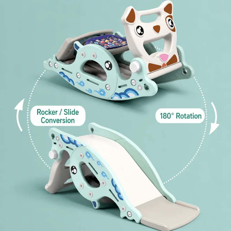 Custom 2-in-1 children rocking horse exhibiting a convertible 180-degree flipping framework that seamlessly switches from a rocker to a smooth slide.