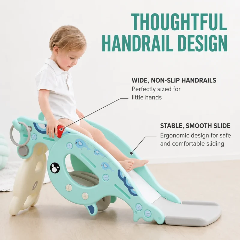 Heavy duty toddler indoor slide from China factory showcasing an upgraded elongated buffer zone and heightened smooth safety handrails.