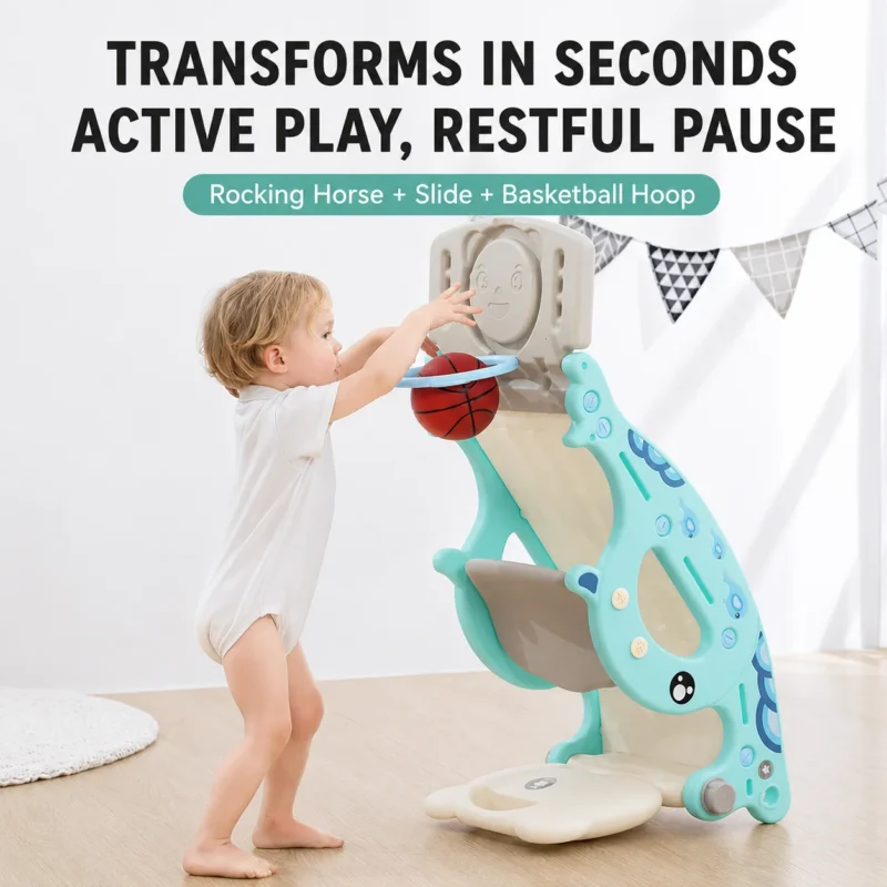 Premium preschool kids activity climber verified by ASTM+CCPIA Testing Report featuring an integrated multi-functional basketball rack layout.
