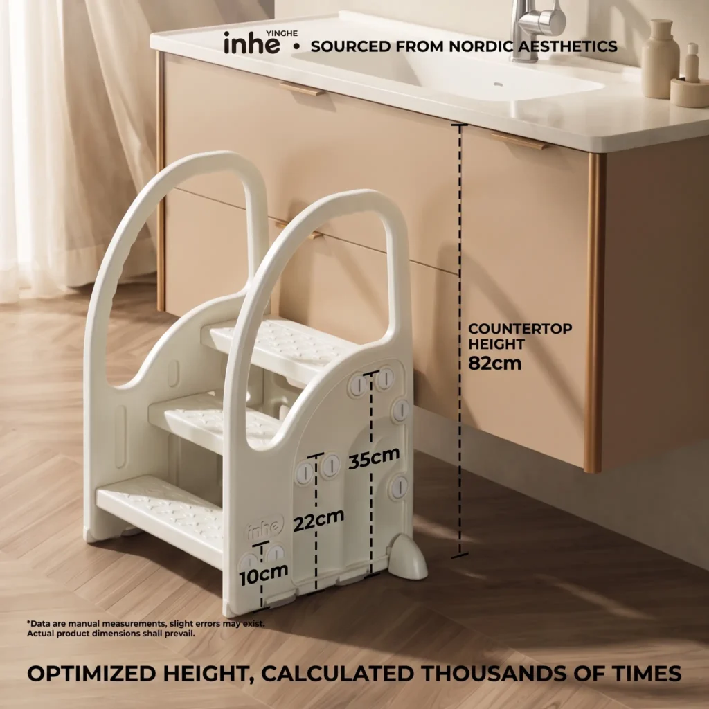3-tier ergonomic toddler standing step stool next to bathroom counter, featuring 10cm, 22cm, and 35cm calculated height levels for growing children.