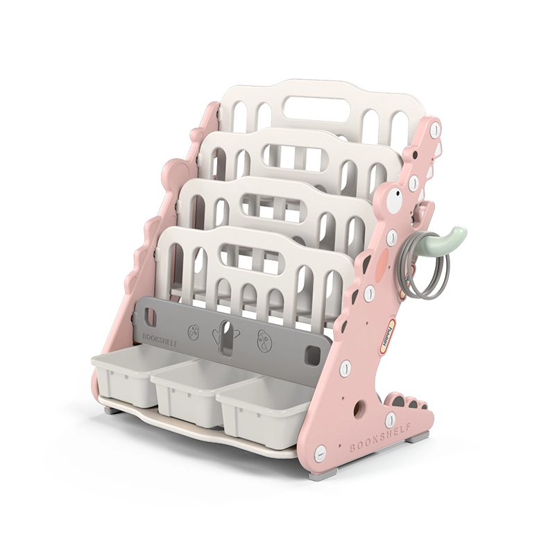Minimalist nursery toy storage racks and cabinets OEM from China factory featuring a pink 5-tier crocodile theme kids bookrack.