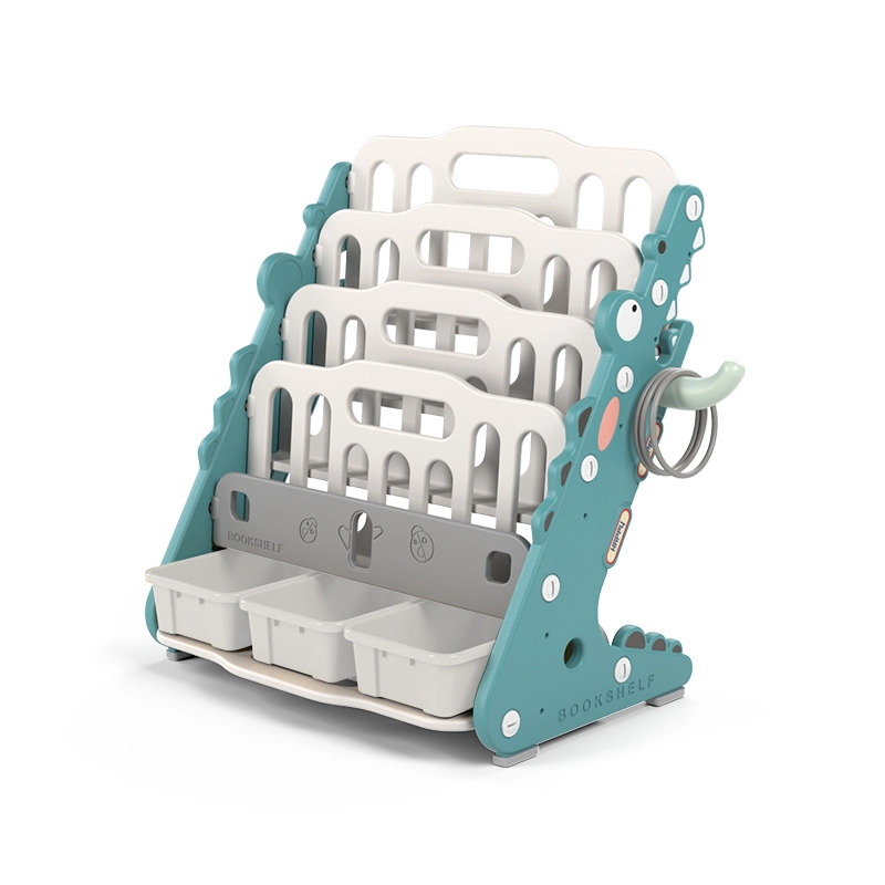 Minimalist nursery storage racks and children bookshelf in a mint green crocodile theme with three removable storage bins.