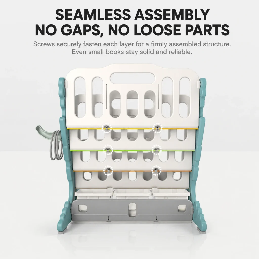 ASTM CE kids storage shelf factory wholesale China showcasing a seamless assembly structure with secure screws to prevent loose parts.