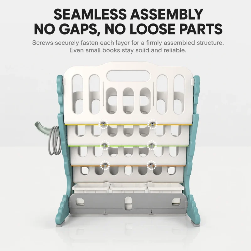 ASTM CE kids storage shelf factory wholesale China showcasing a seamless assembly structure with secure screws to prevent loose parts.
