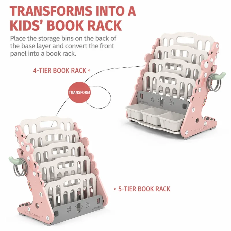 Custom eco-friendly kids storage racks showing a modular design that easily transforms between a 4-tier and 5-tier toddler book rack.