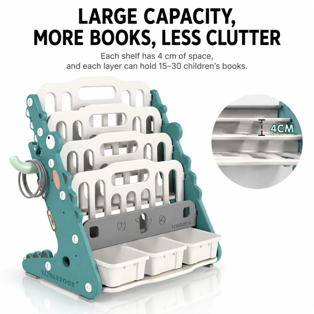 High-capacity plastic toy organizer and preschool bookcases with a 4cm shelf spacing holding 15 to 30 children books per layer.