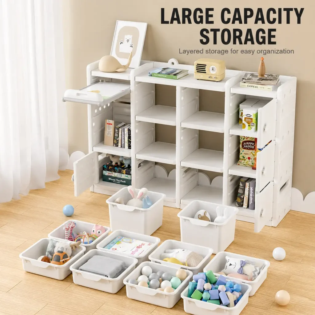 Custom eco-friendly kids storage racks with 3C Certificate showing an innovative hidden storage space behind the magnetic board.