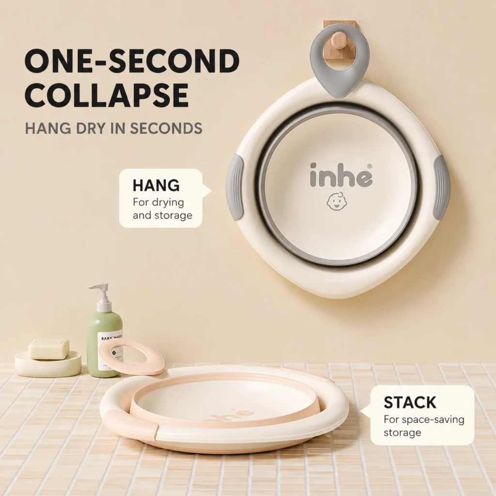 Collapsible travel basin wholesale with space-saving storage design showing flat folded baby basins hung on a wall hook.
