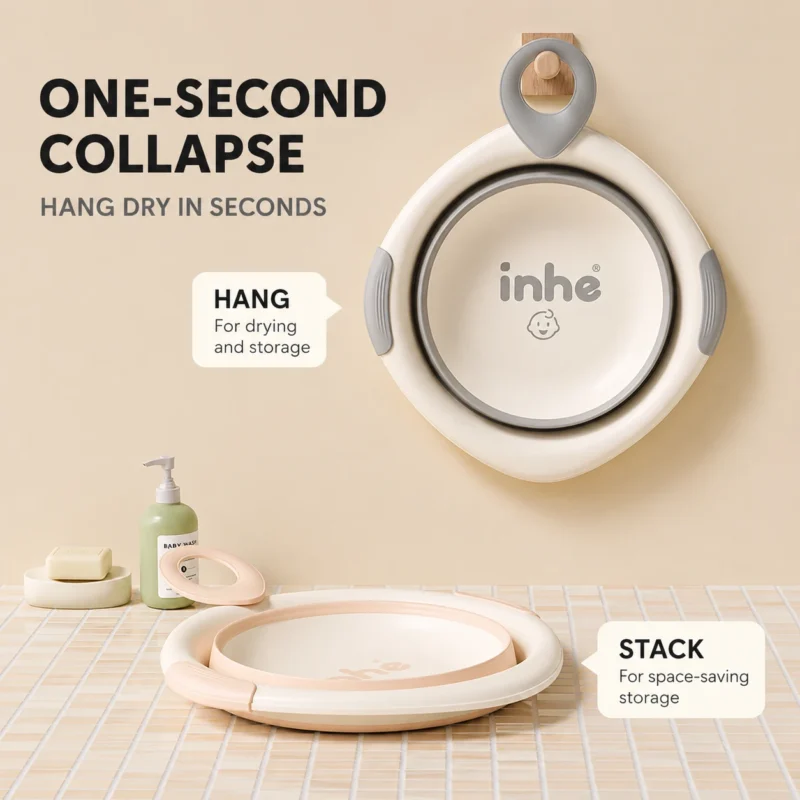 Collapsible travel basin wholesale with space-saving storage design showing flat folded baby basins hung on a wall hook.