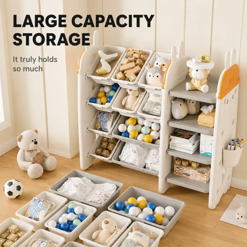 Smartly divided toddler toy storage cabinets showcasing an integrated modular layout with extensive plastic bins and multi-tier side shelves.