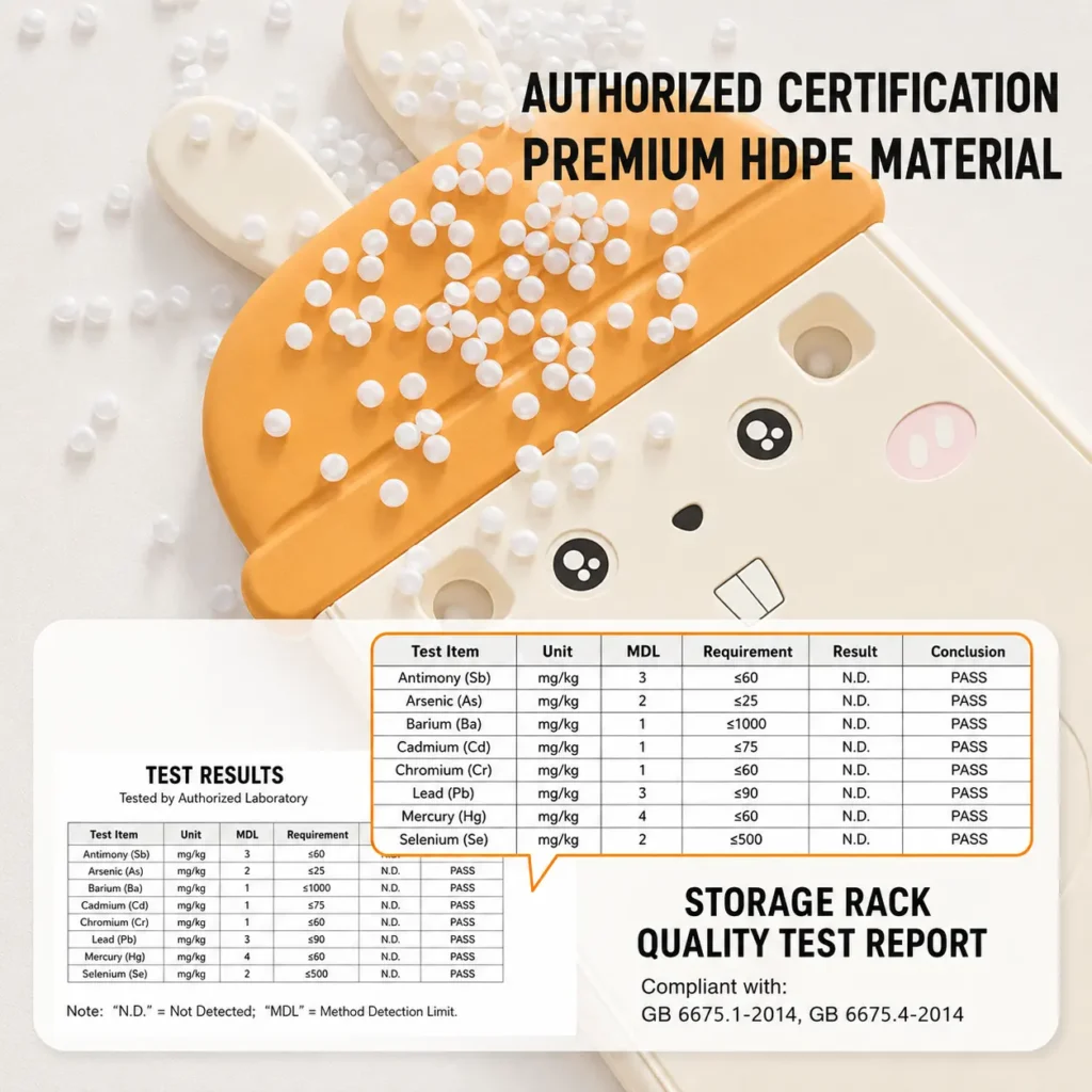 Custom eco-friendly kids storage racks with ASTM+CCPIA Testing Report ensuring a non-toxic formaldehyde-free HDPE material structure.